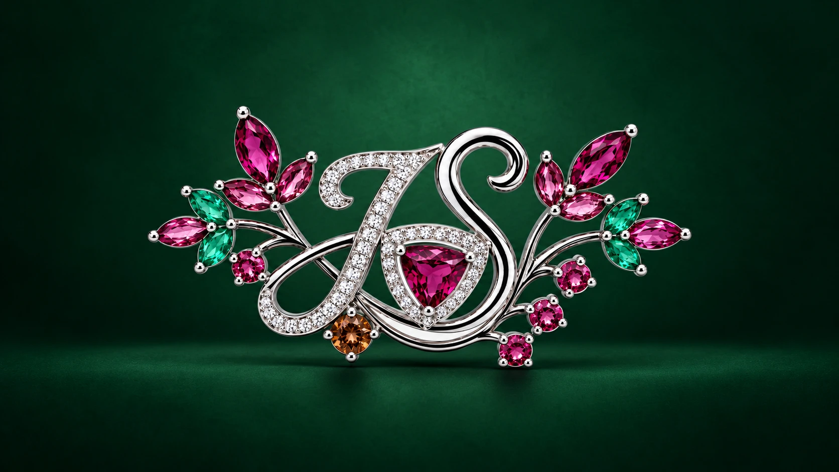 Jyotika’s sculptural monogram brooch with pink and green natural gemstones and natural diamonds