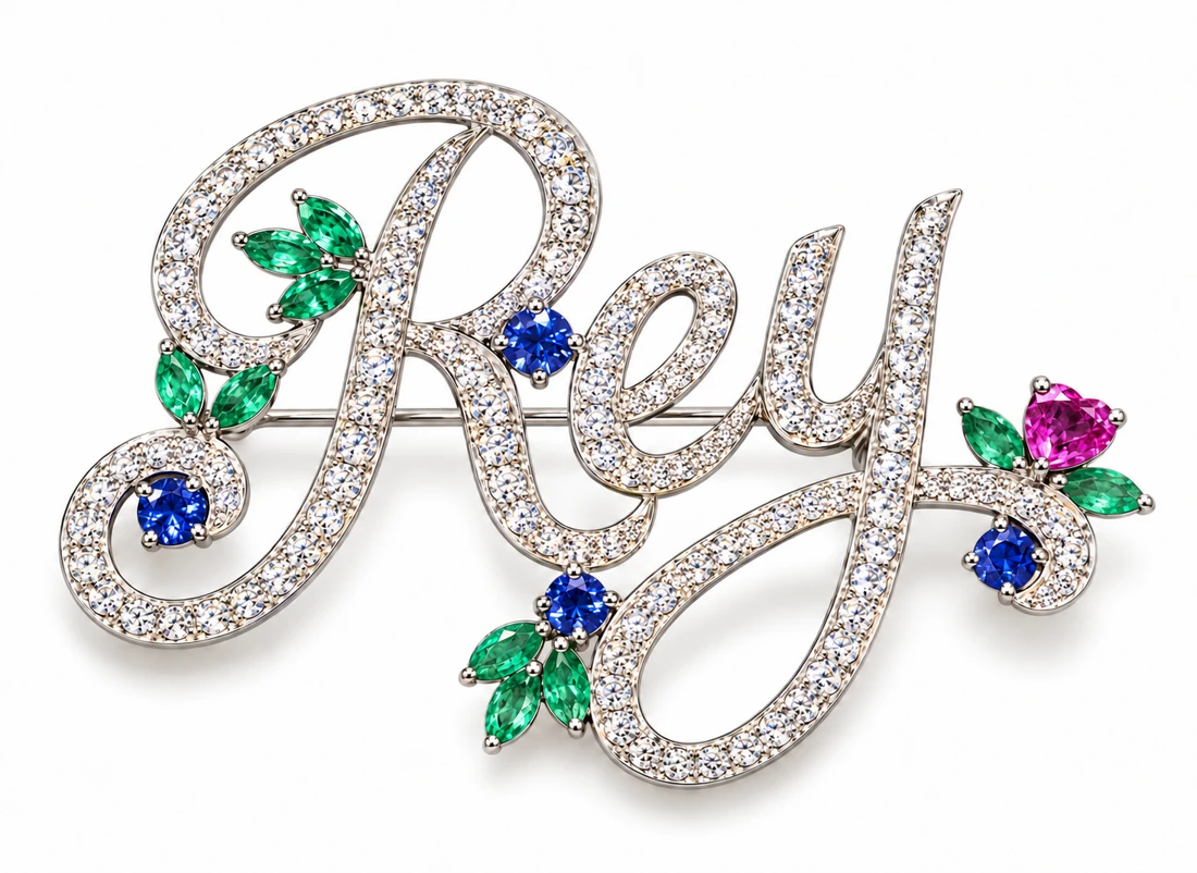 Front view of the jeweled script brooch on a white background