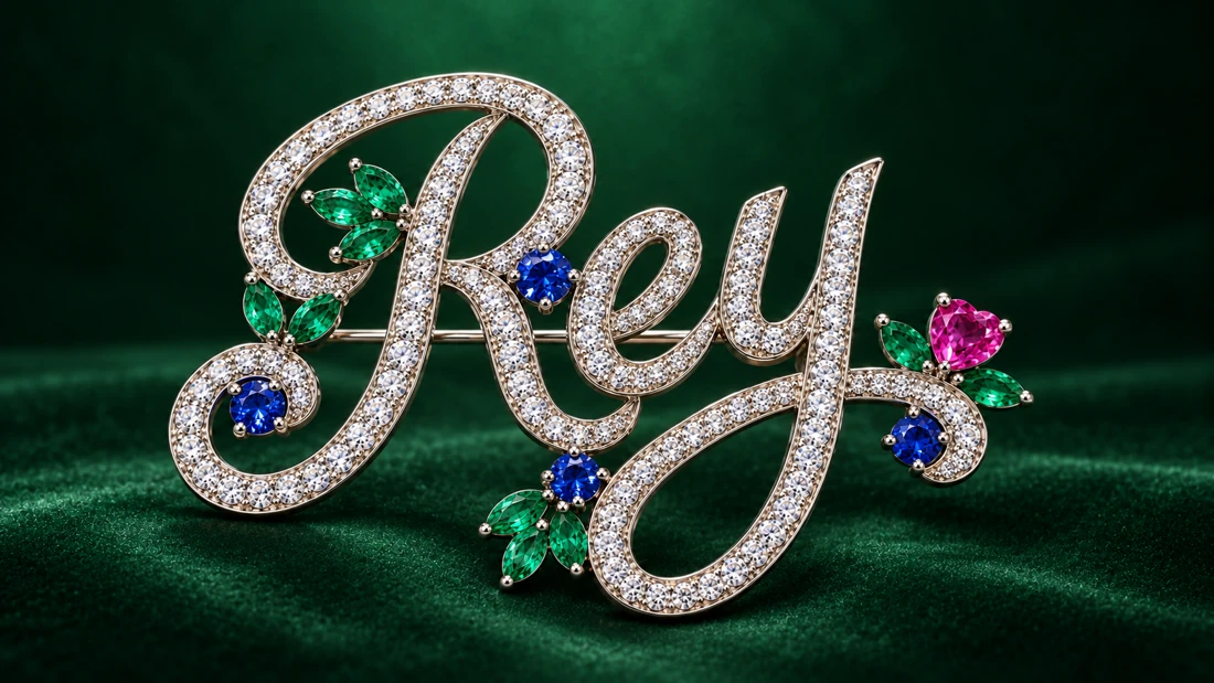 A personal jeweled script brooch on emerald velvet