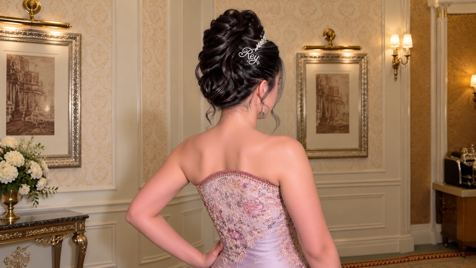 Landscape rear view of the coiffure and hair jewel in an ornate salon