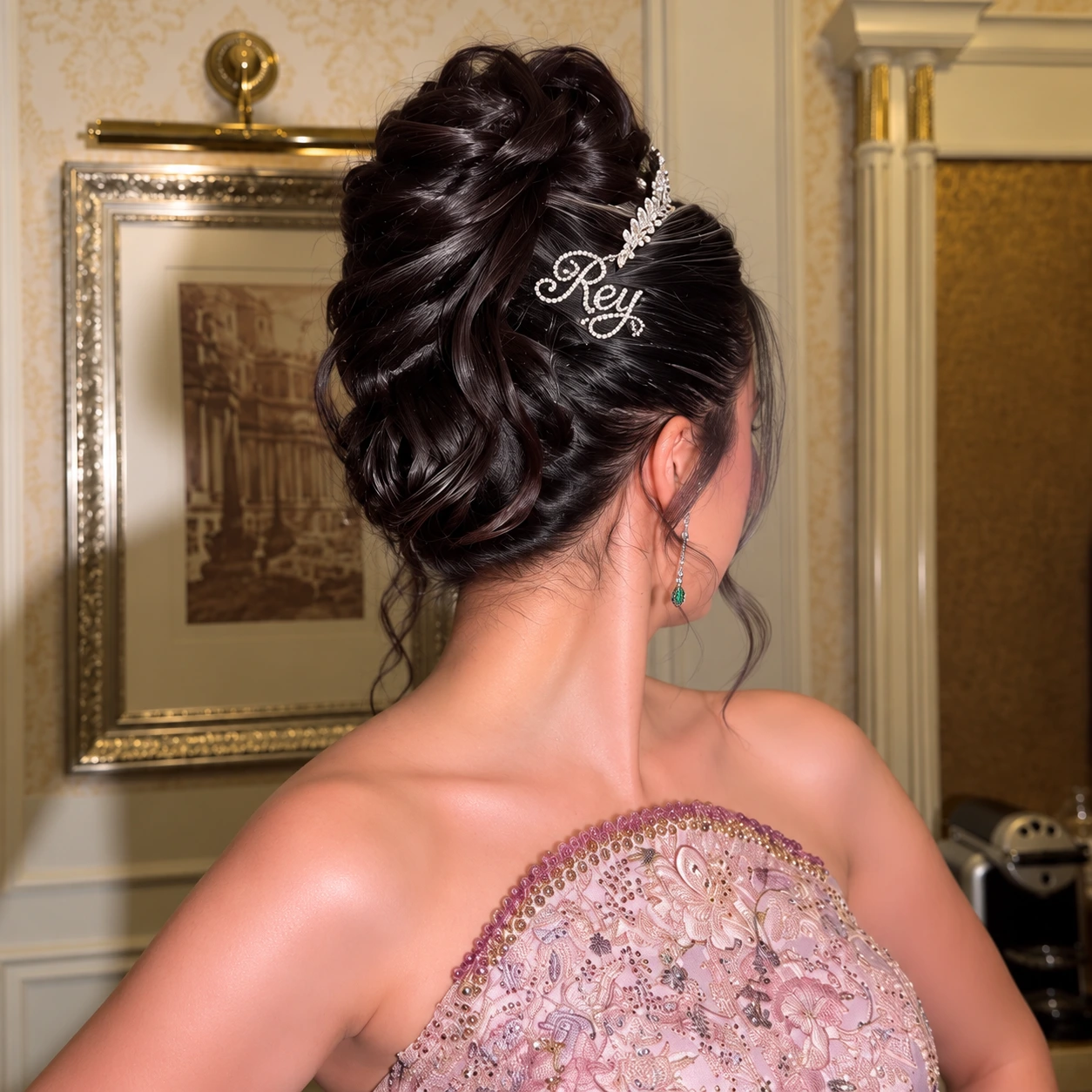 Square close portrait of the coiffure and jeweled brooch, face turned away