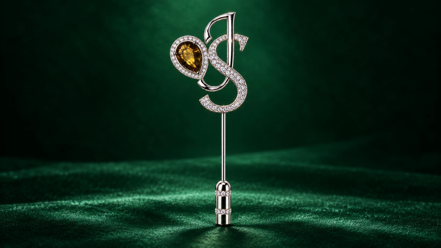 Suriya’s slender monogram stick brooch with a warm-toned pear-shaped natural gemstone and natural diamonds