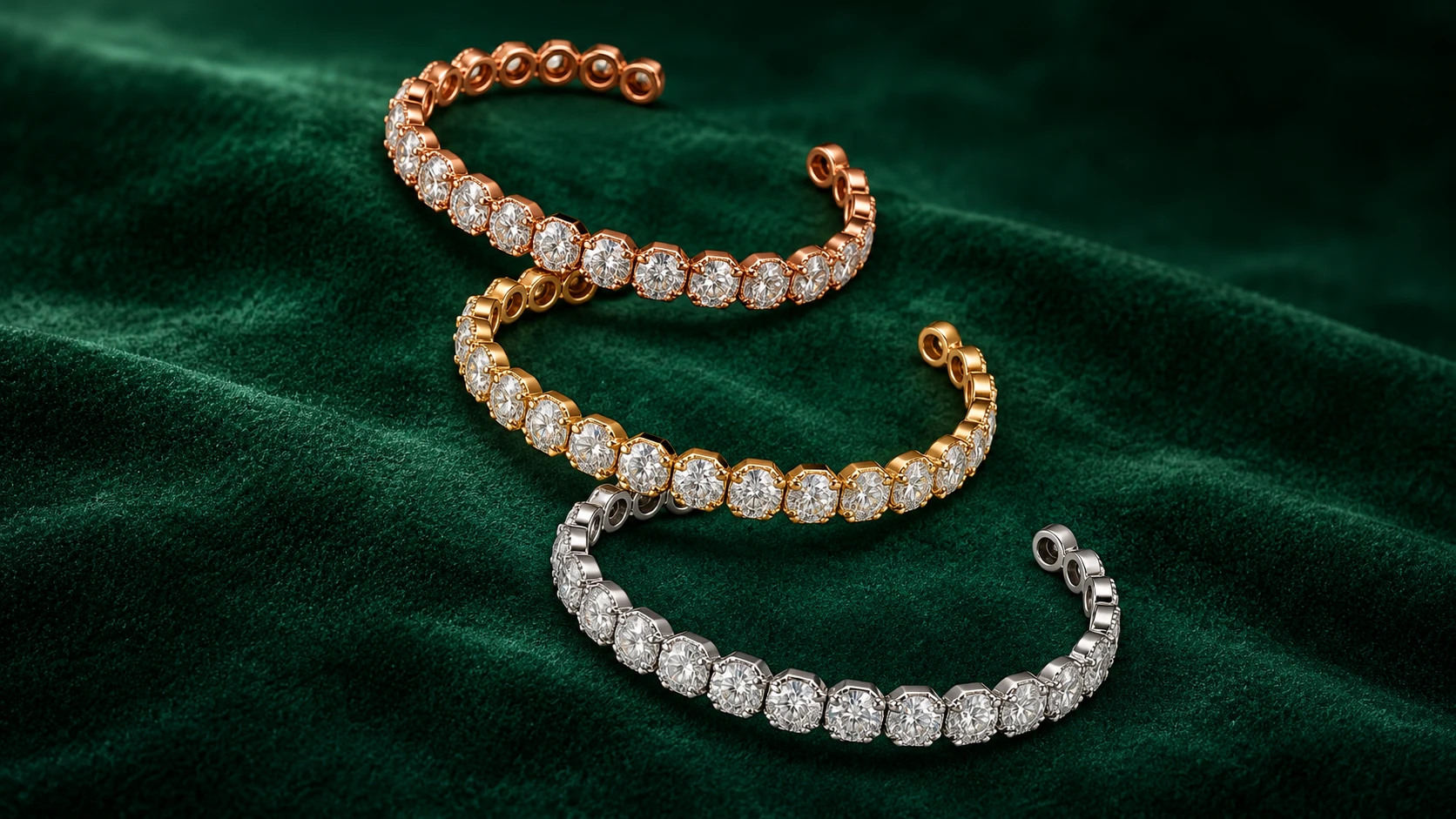 Épure natural diamond bangles in 18K rose, yellow and white gold on emerald velvet