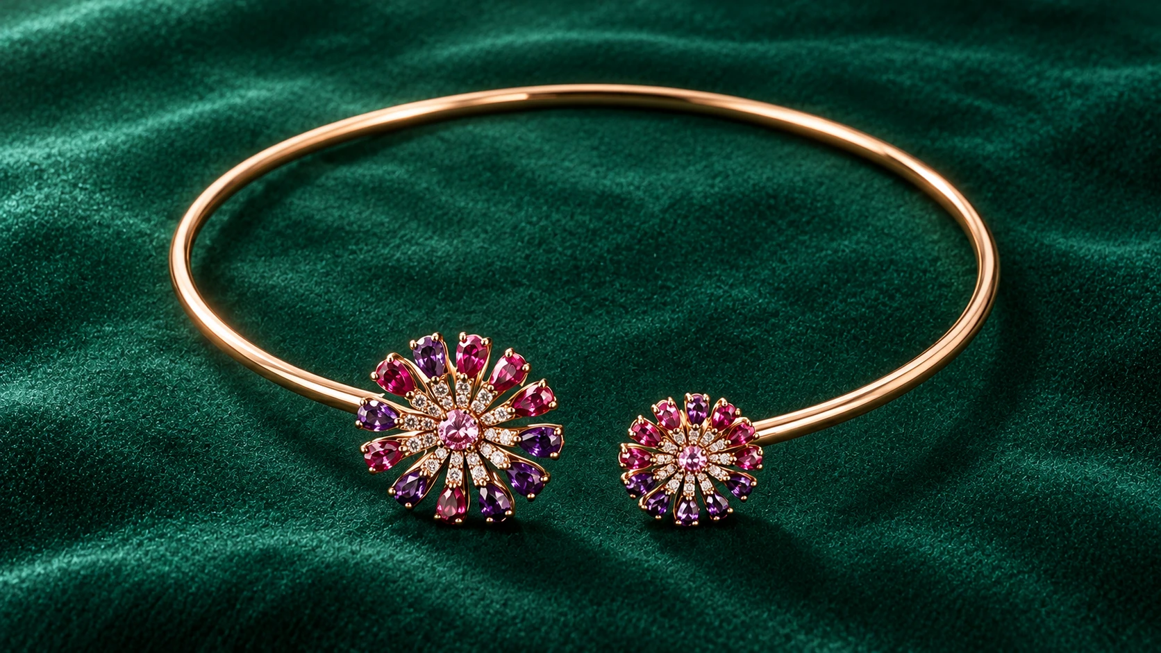 The Radiance Collar in 18K gold with natural rubies, pink sapphires and diamonds on emerald velvet