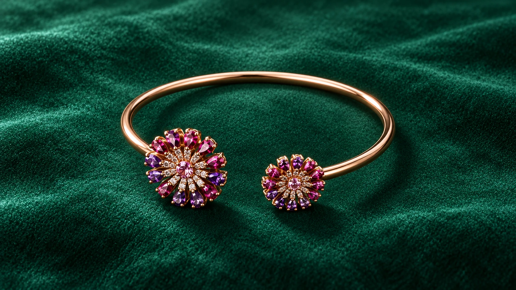 The Éclat Cuff in 18K gold with natural rubies, pink sapphires and diamonds on emerald velvet
