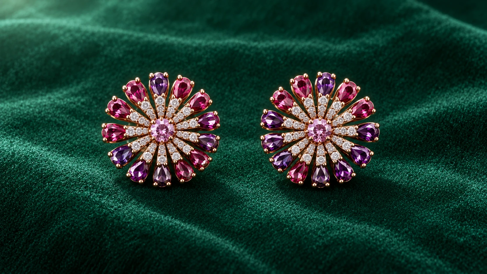 The Aurora Studs in 18K gold with natural rubies, pink sapphires and diamonds on emerald velvet