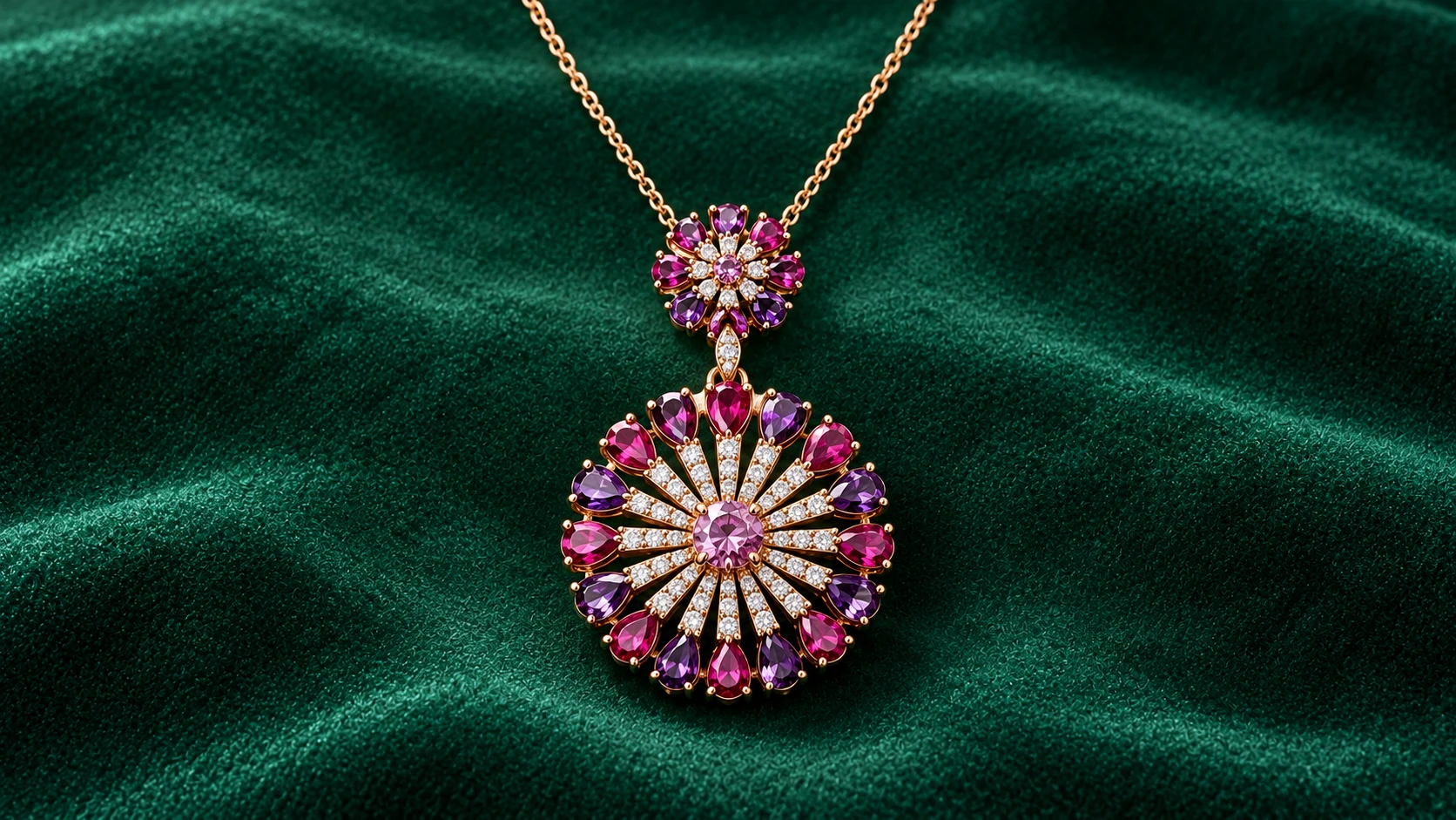 The Solstice Pendant in 18K gold with natural rubies, pink sapphires and diamonds on emerald velvet