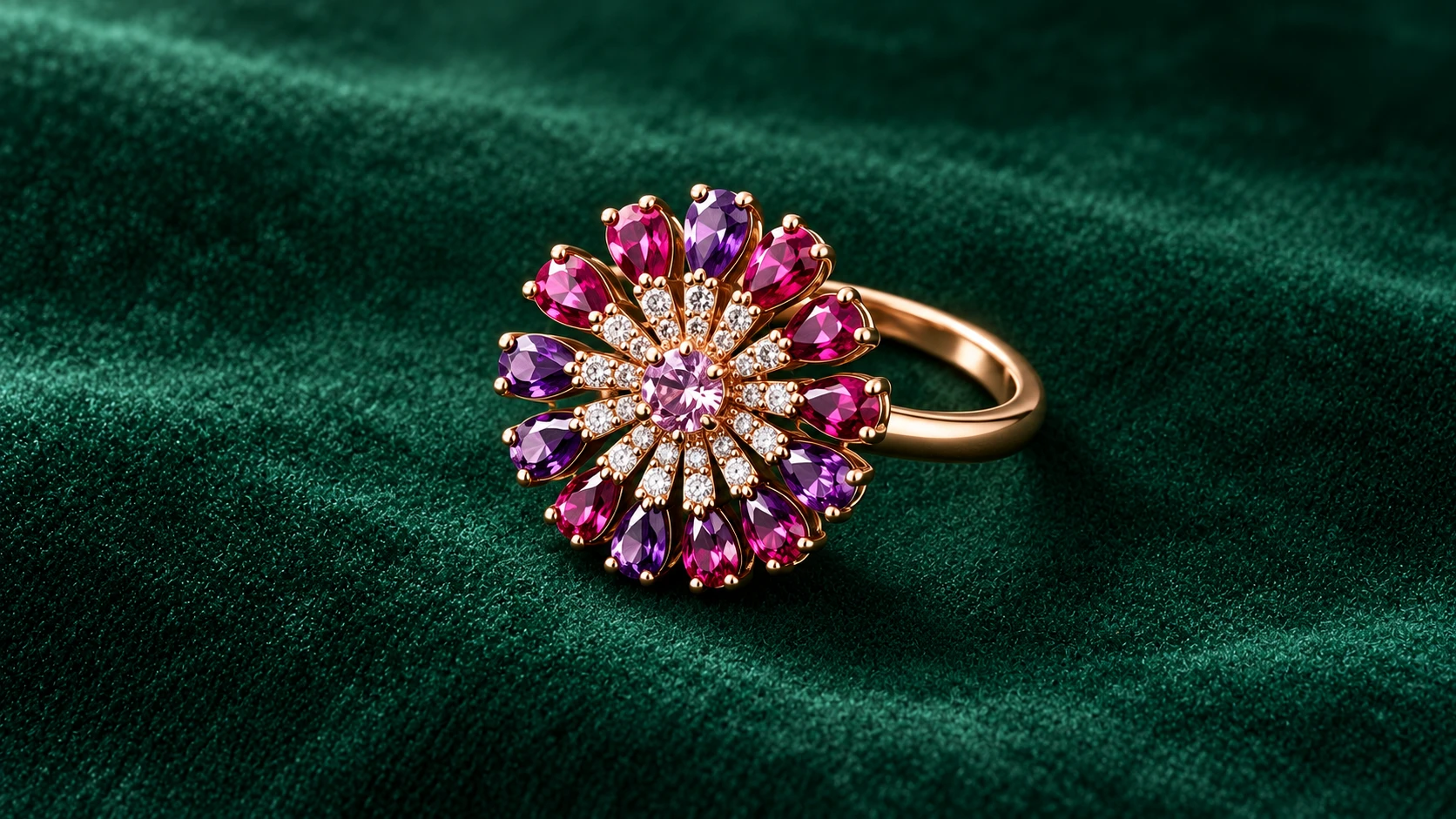 The Rosette Ring in 18K gold with natural rubies, pink sapphires and diamonds on emerald velvet