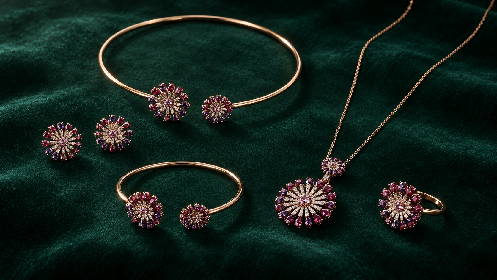 Fleur de Lumière floral gemstone collar, cuff, pendant, ring and earrings on emerald velvet