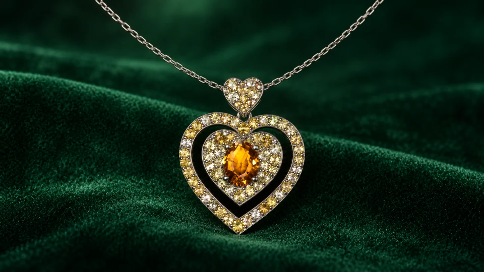 Amber-toned oval gemstone in a suspended inner heart with a golden outer halo