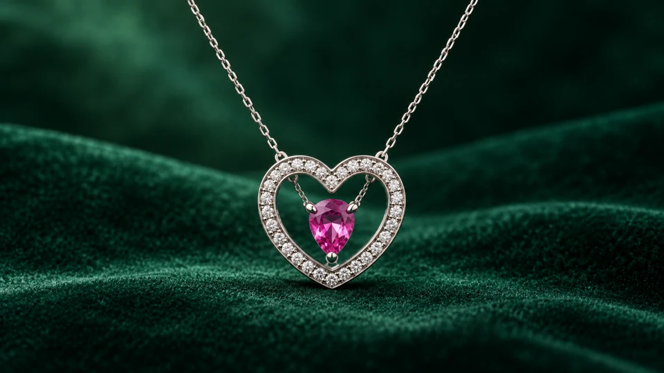 Pink pear-shaped gemstone suspended inside a white-toned heart halo