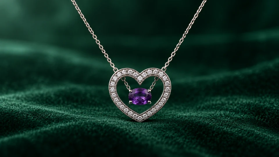 Violet oval gemstone suspended within an open white-toned heart halo