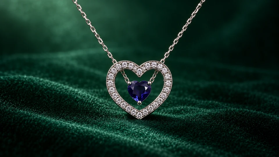 Deep-blue heart-shaped gemstone suspended within a white-toned heart halo