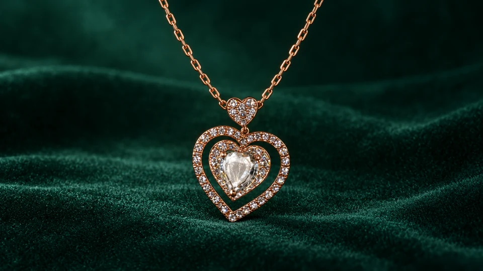 Pale heart-shaped centre in a suspended inner heart and rose-toned outer halo