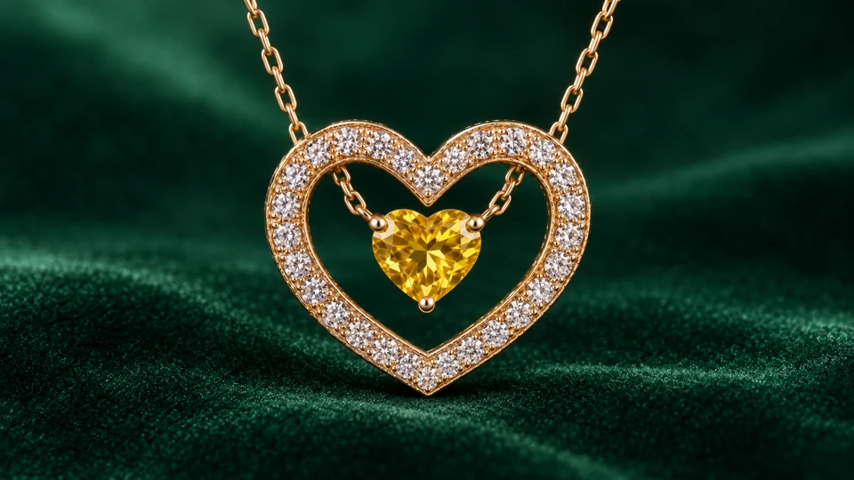 Golden-yellow gemstone suspended within a heart halo
