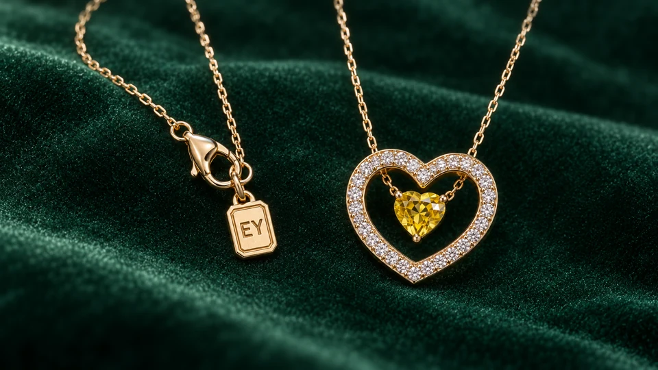 Golden heart pendant with the chain, clasp and EY signature tag visible