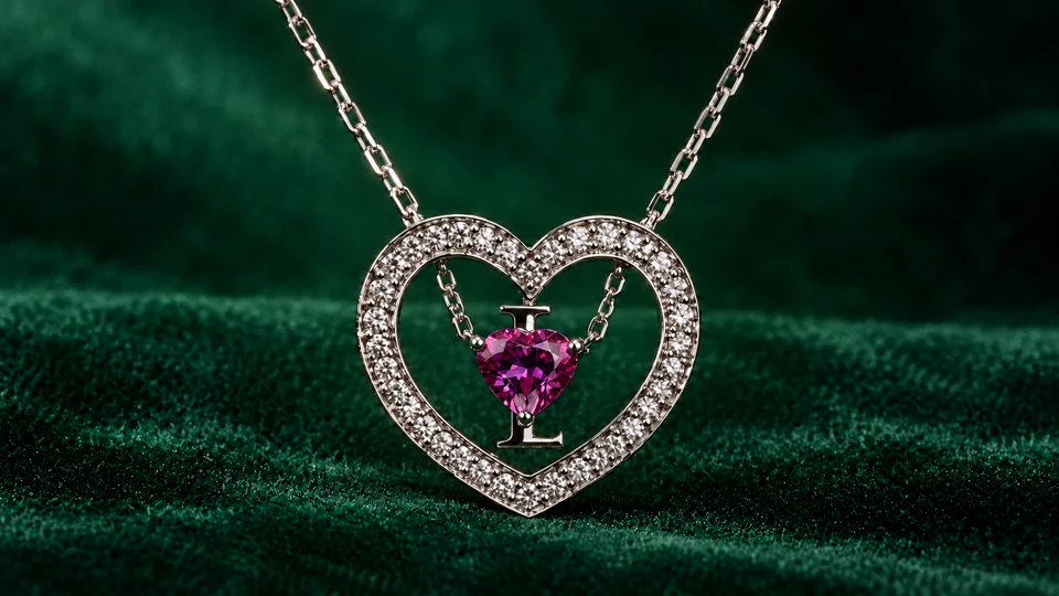 Pink heart gemstone and an L initial within a sparkling heart halo