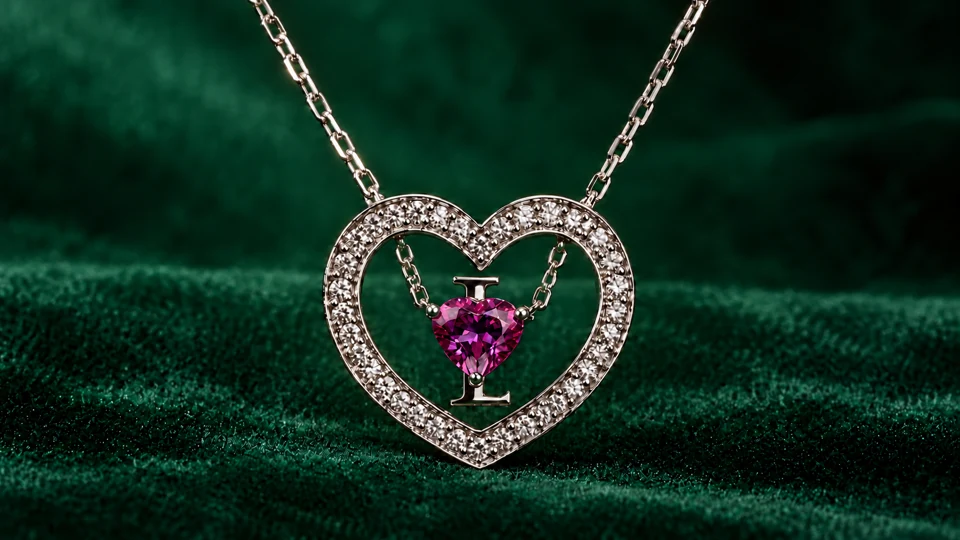 Alternate close-up of the pink heart and initial inside the halo