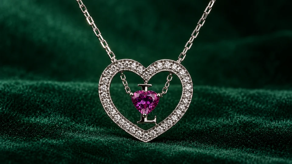 Second close-up of the monogram heart pendant on emerald velvet