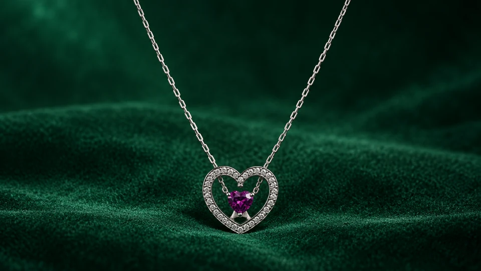 Wider portrait of the pink monogram heart pendant and its chain