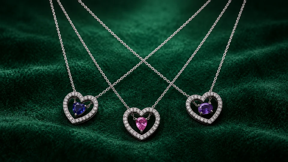 Blue, pink and violet pendant designs together on emerald velvet