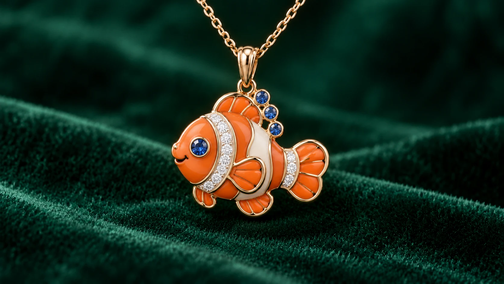 Pip, the Reef Explorer enamel pendant in 18K yellow gold with blue sapphires & diamonds