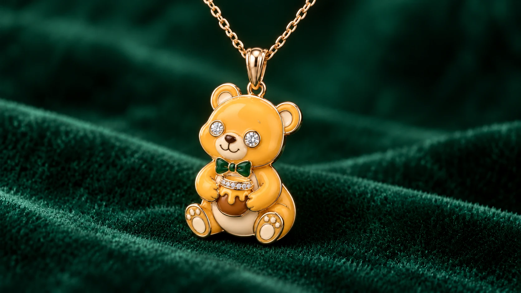 Milo, the Honey Bear enamel pendant in 18K yellow gold with emeralds & diamonds