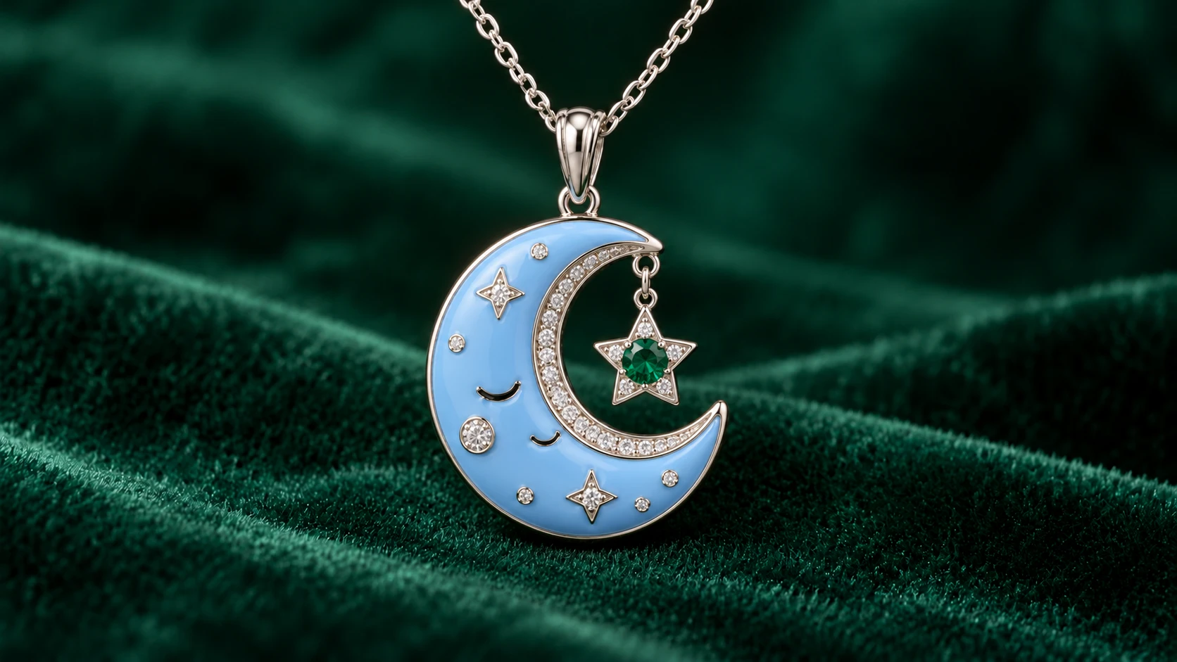 Luna, the Wishing Moon enamel pendant in 18K white gold with emeralds & diamonds