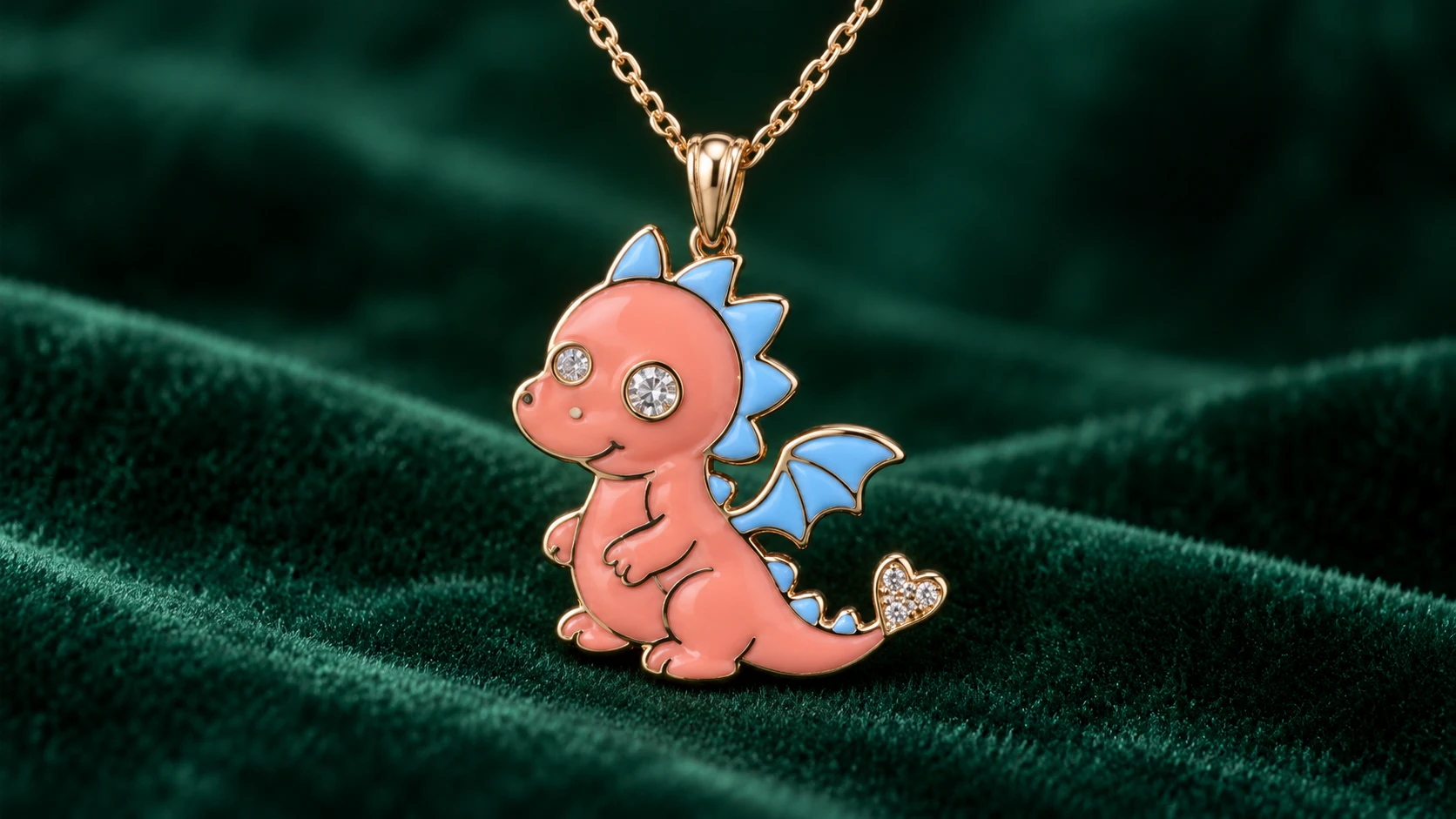 Kinder Gold coral enamel dragon with diamond accents