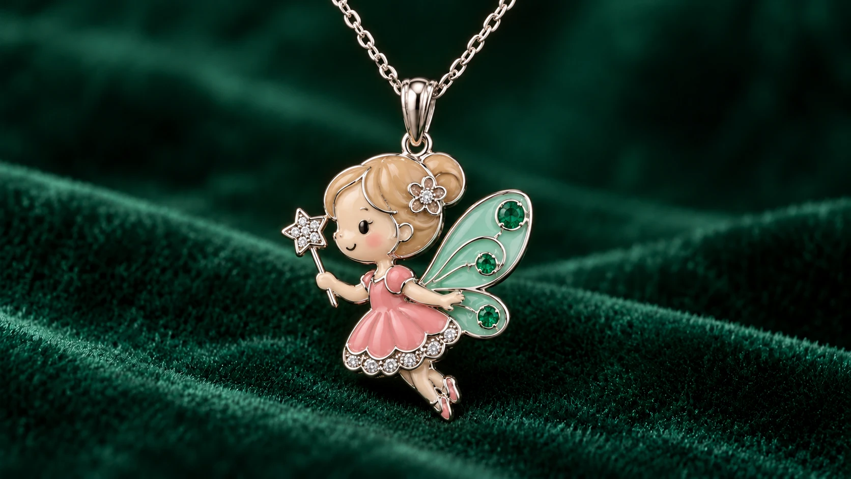 Lumi, the Garden Fairy enamel pendant in 18K white gold with emeralds & diamonds