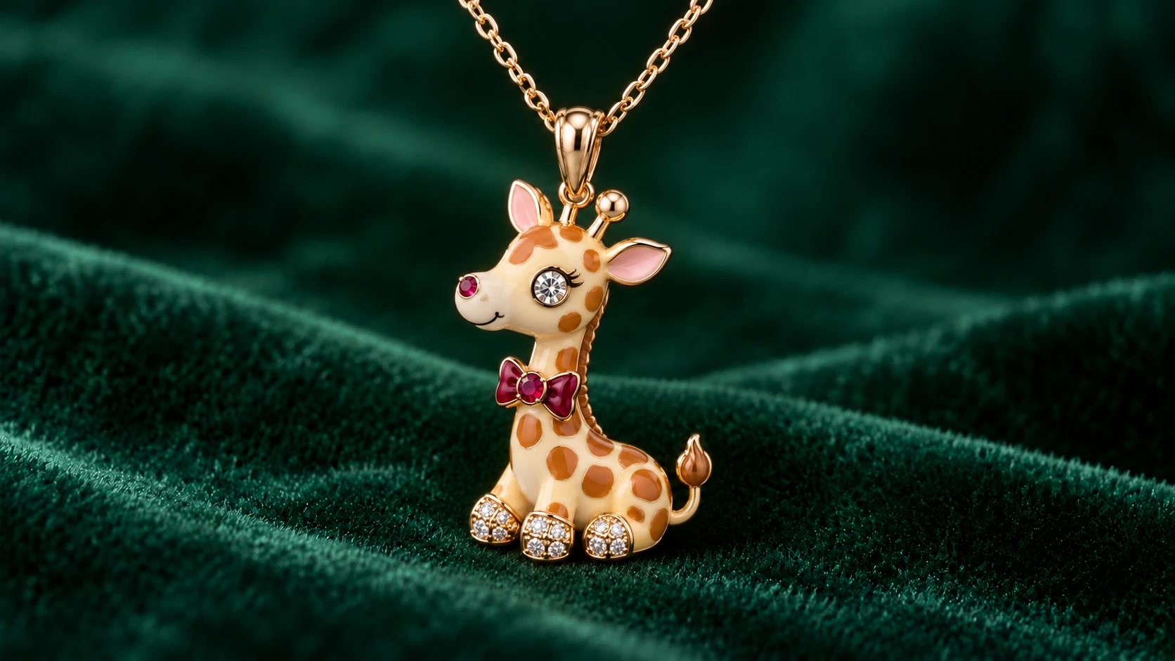 Gigi, the Gentle Giraffe enamel pendant in 18K yellow gold with rubies & diamonds