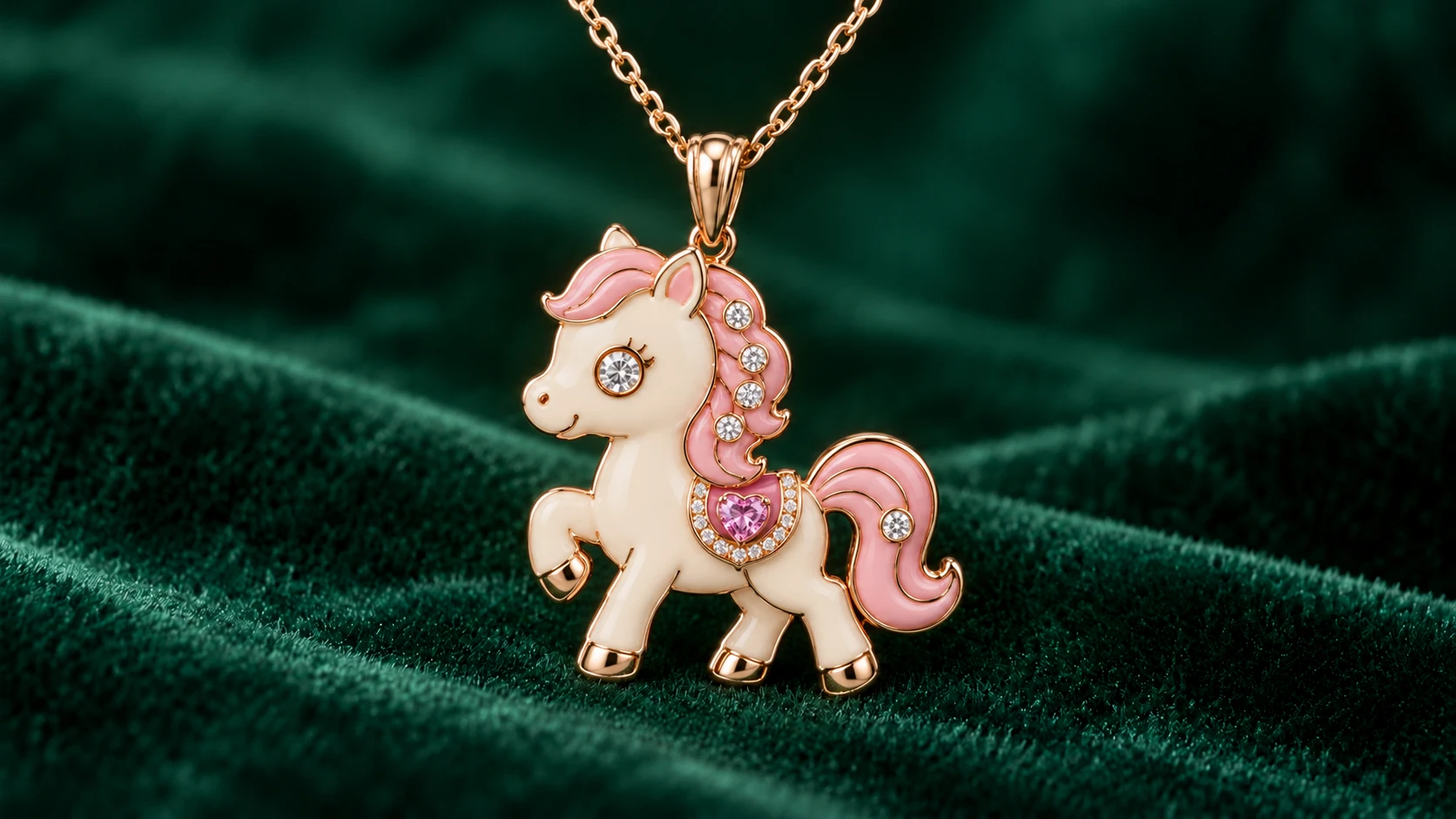 Poppy, the Dream Pony enamel pendant in 18K rose gold with pink sapphires & diamonds