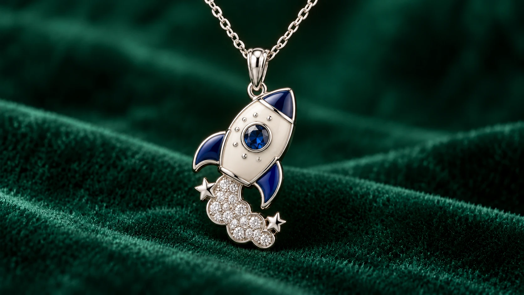 Nova, the Star Voyager enamel pendant in 18K white gold with blue sapphires & diamonds