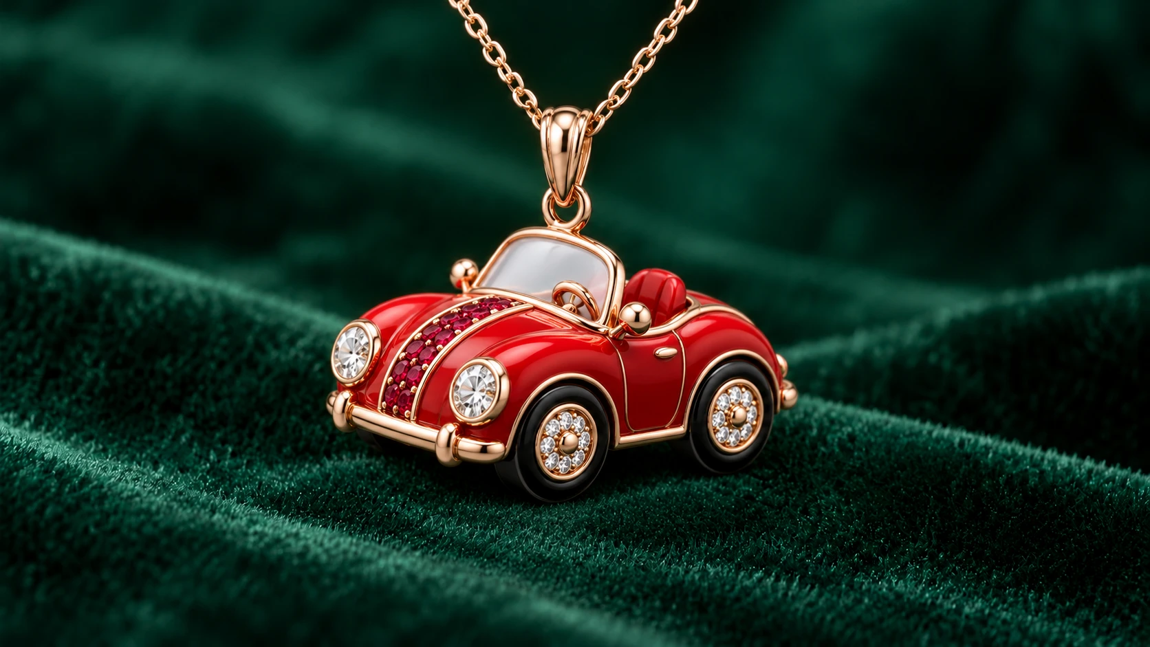 Dash, the Little Roadster enamel pendant in 18K rose gold with rubies & diamonds